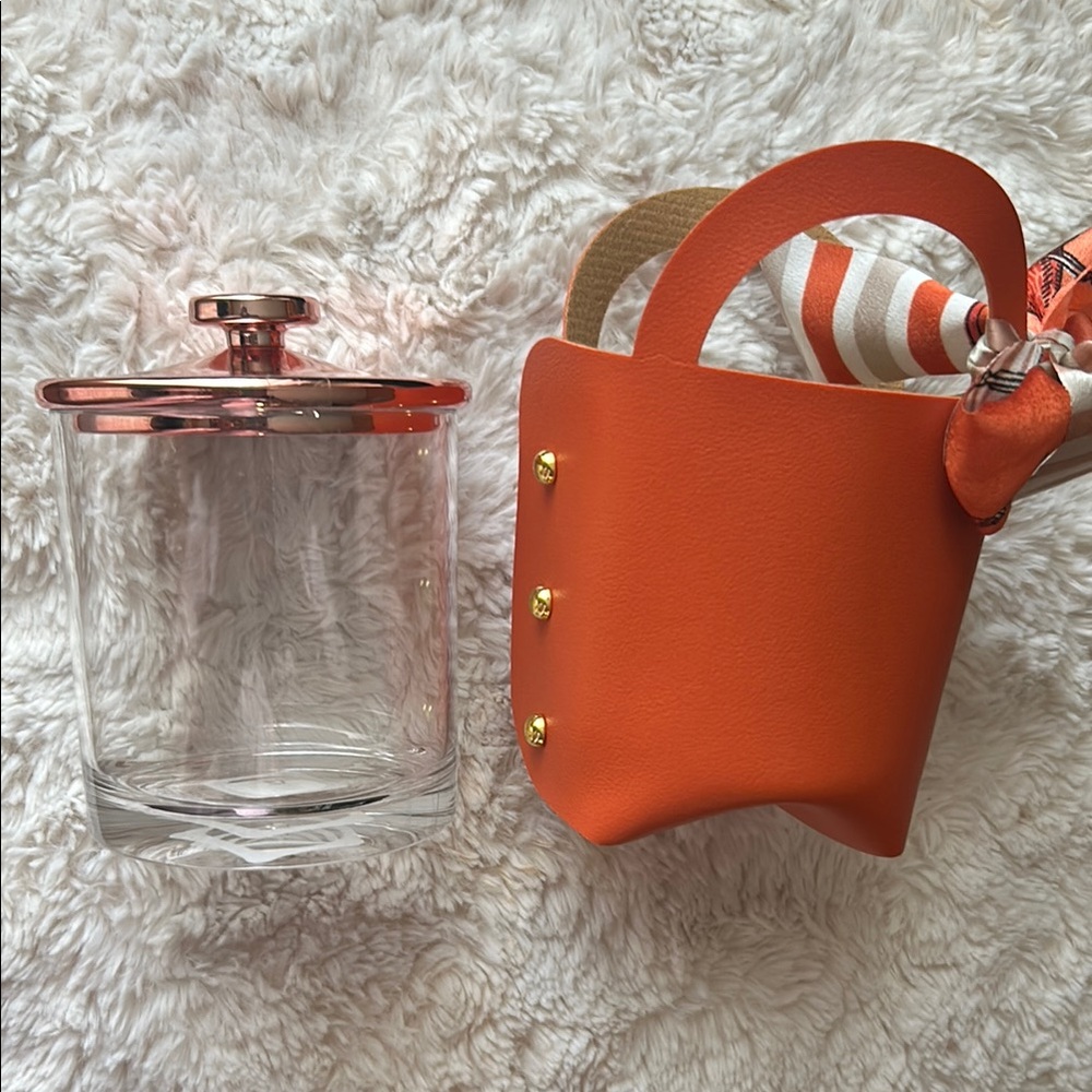 Beach House Bathroom Decor. Beauty storage case.Orange Leather Handled Glass Jar